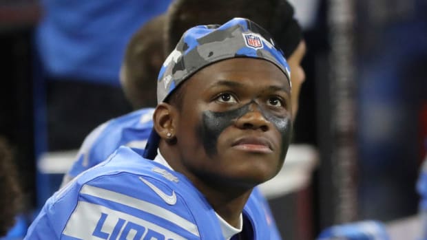 Aug 12, Detroit, MI, USA; Detroit Lions wide receiver D.J. Chark on the bench during the second half against the Atlanta Falcons at Ford Field.